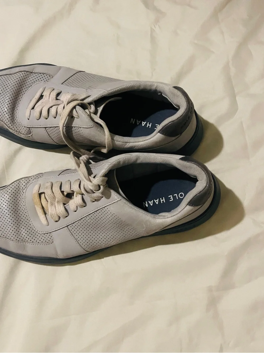Cole Haan Men’s Light Gray Perforated Leather Sneakers with Navy Insole